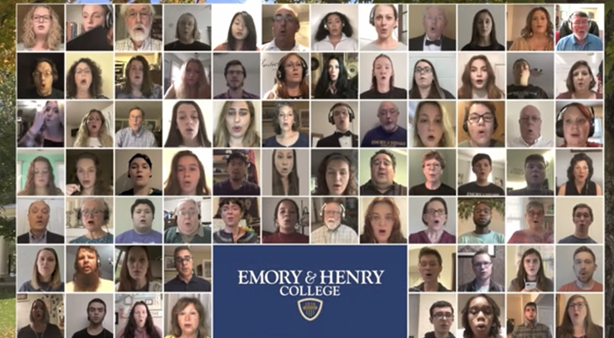 The 76-member virtual choir performs during Emory & Henry Colleges new normal of homecoming traditions; photo courtesy of E&H on YouTube, taken from the performance.  