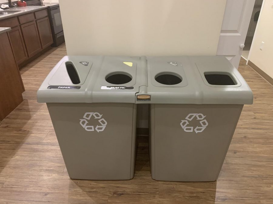 Recycling bins, like this one in Carter Residence Hall, are empty as there is no access to paper or plastic recycling in the county. Only recycling aluminum is an option for now, so the ECC encourages decreasing the use of single use plastic and paper.