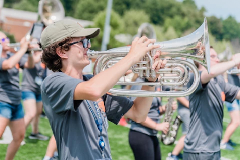 Alec Roberts plays on presentation day at the Emory & Henry Marching Band’s first performance after a two-week band camp in August.