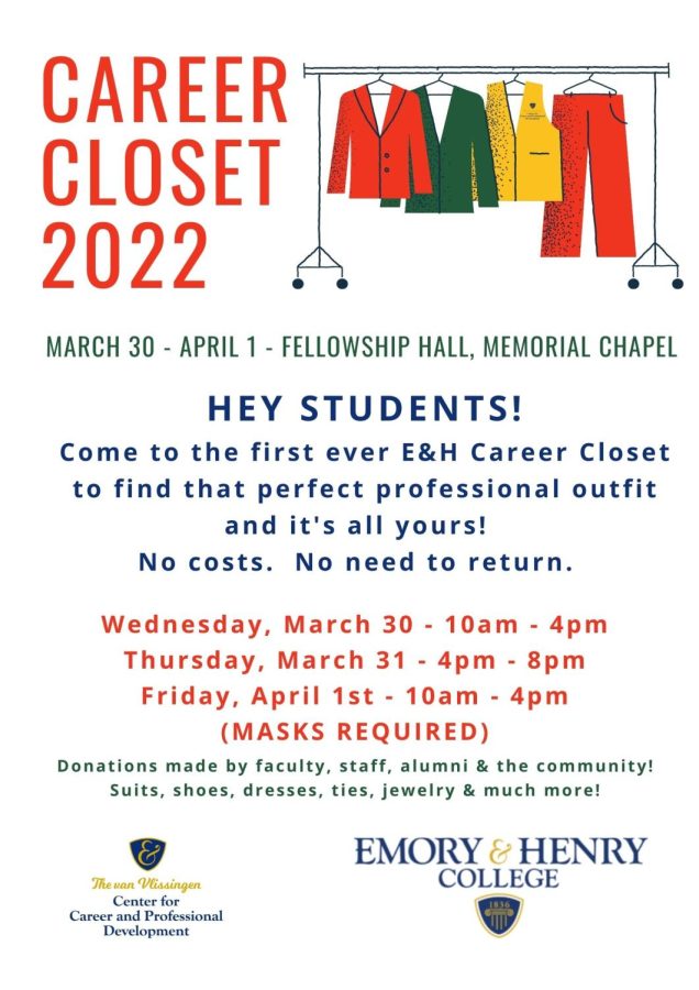 The Career Closet will be open in the Fellowship Hall in the Chapels basement for students to come and pick out free professional attire.