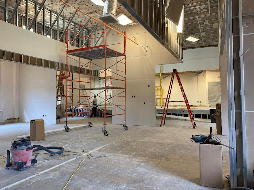Construction continues in the former auditorium of Wiley Hall, where new office spaces will house the new Student Success Center.