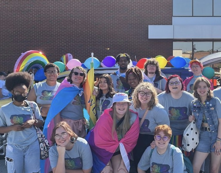 E&Hs Office of Diversity, Equity, Inclusion, & Belonging organized for 40 E&H students to participate in TriPrides kickoff parade down State Street in Bristol. Some of them are pictured here, moments before the parade began.